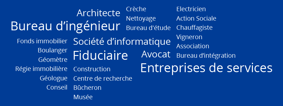NosClients : Fiduciaire, Architecte, Avocat, Société d'informatique, Entreprise de services, Ingénieur, Association 